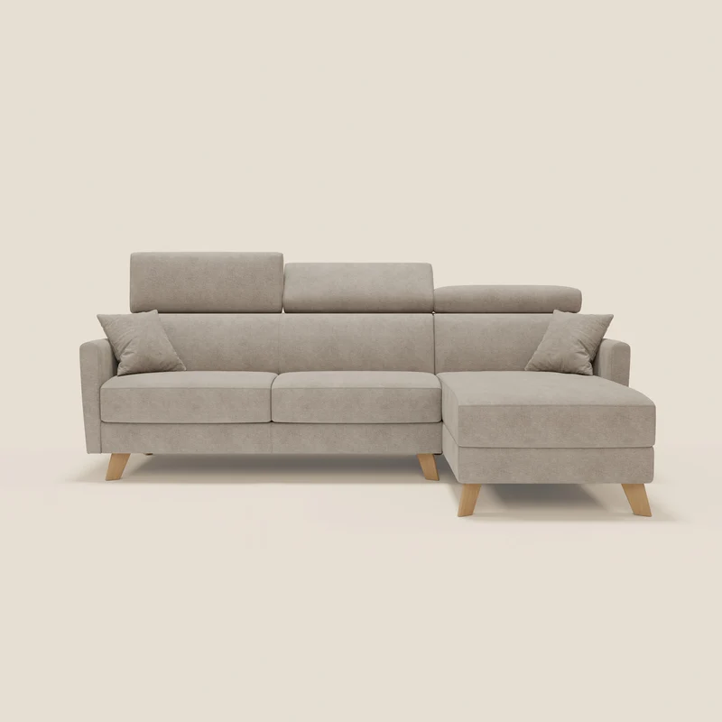 Francy canapé d'angle convertible déhoussable - méridienne avec coffre et têtières inclinables en tissu détachable T17 beige