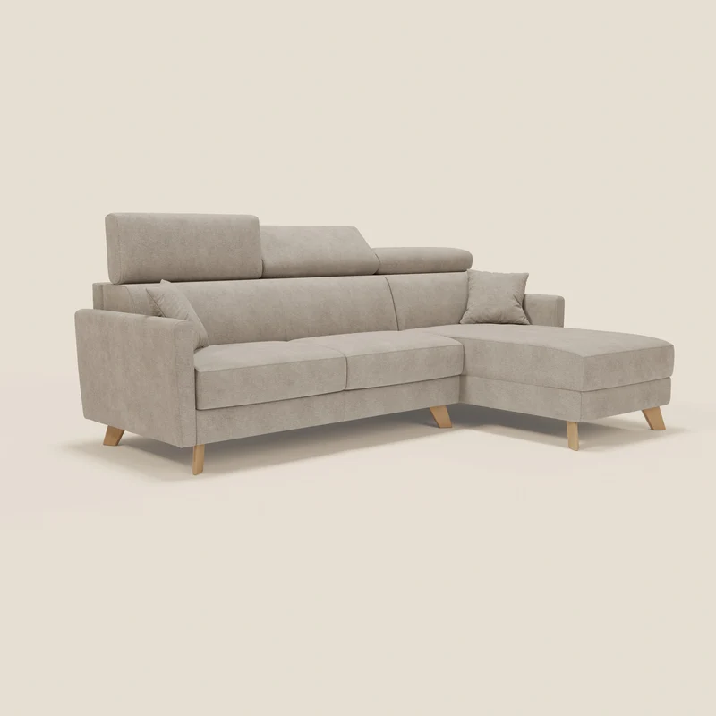 Francy canapé d'angle convertible déhoussable - méridienne avec coffre et têtières inclinables en tissu détachable T17 beige