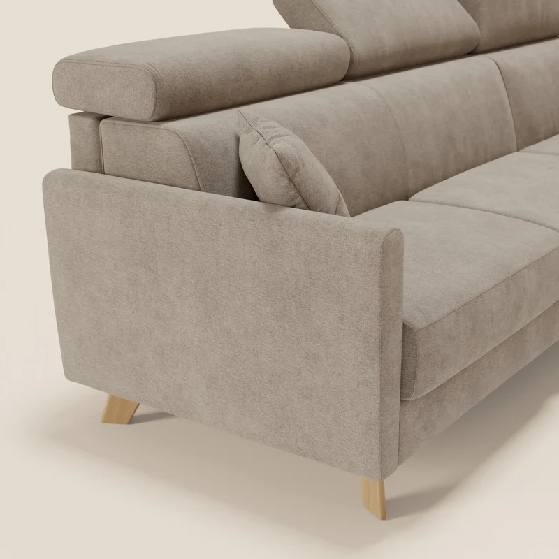 Francy canapé d'angle convertible déhoussable - méridienne avec coffre et têtières inclinables en tissu détachable T17 beige