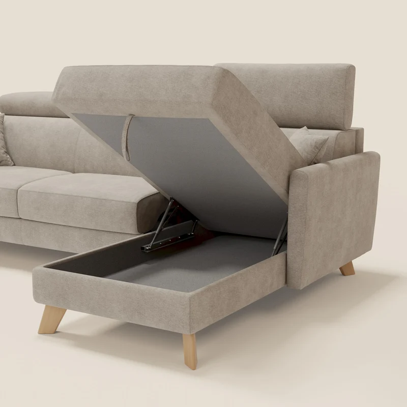 Francy canapé d'angle convertible déhoussable - méridienne avec coffre et têtières inclinables en tissu détachable T17 beige