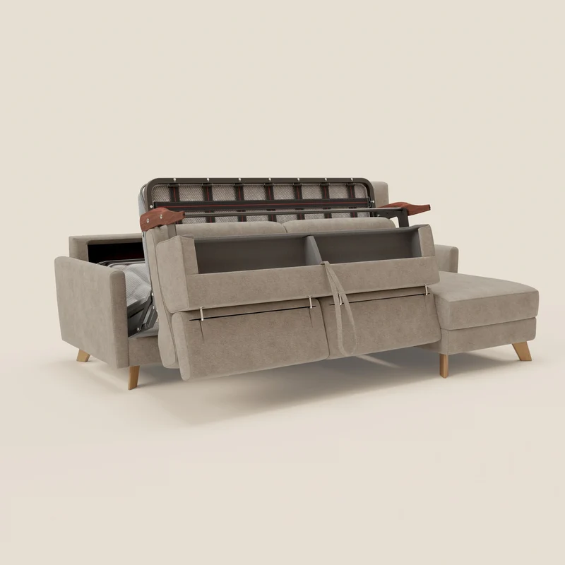 Francy canapé d'angle convertible déhoussable - méridienne avec coffre et têtières inclinables en tissu détachable T17 beige