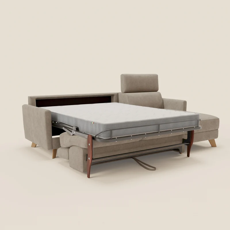 Francy canapé d'angle convertible déhoussable - méridienne avec coffre et têtières inclinables en tissu détachable T17 beige