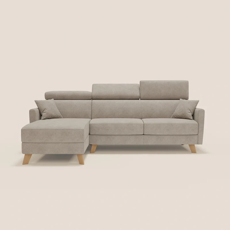 Francy canapé d'angle convertible déhoussable - méridienne avec coffre et têtières inclinables en tissu détachable T17 beige