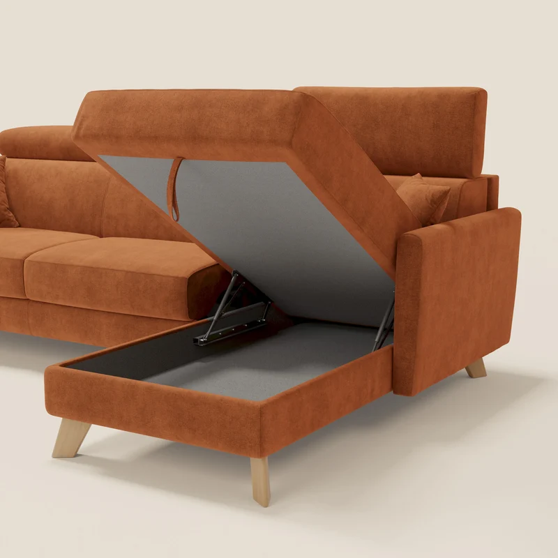 Francy canapé d'angle convertible déhoussable - méridienne avec coffre et têtières inclinables en tissu détachable T17 orange