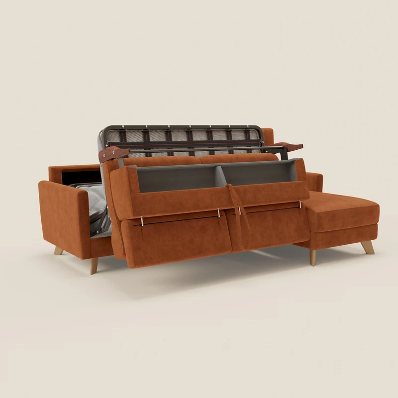 Francy canapé d'angle convertible déhoussable - méridienne avec coffre et têtières inclinables en tissu détachable T17 orange