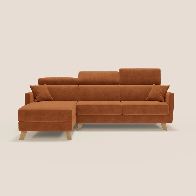 Francy canapé d'angle convertible déhoussable - méridienne avec coffre et têtières inclinables en tissu détachable T17 orange