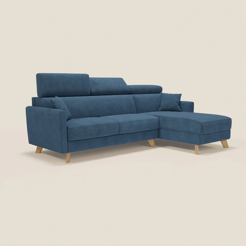 Francy canapé d'angle convertible déhoussable - méridienne avec coffre et têtières inclinables en tissu détachable T17 bleu