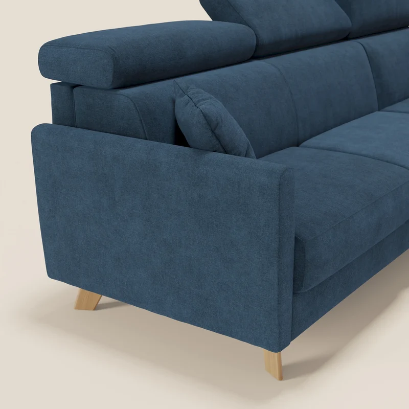 Francy canapé d'angle convertible déhoussable - méridienne avec coffre et têtières inclinables en tissu détachable T17 bleu