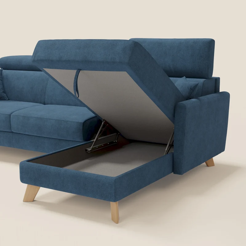 Francy canapé d'angle convertible déhoussable - méridienne avec coffre et têtières inclinables en tissu détachable T17 bleu