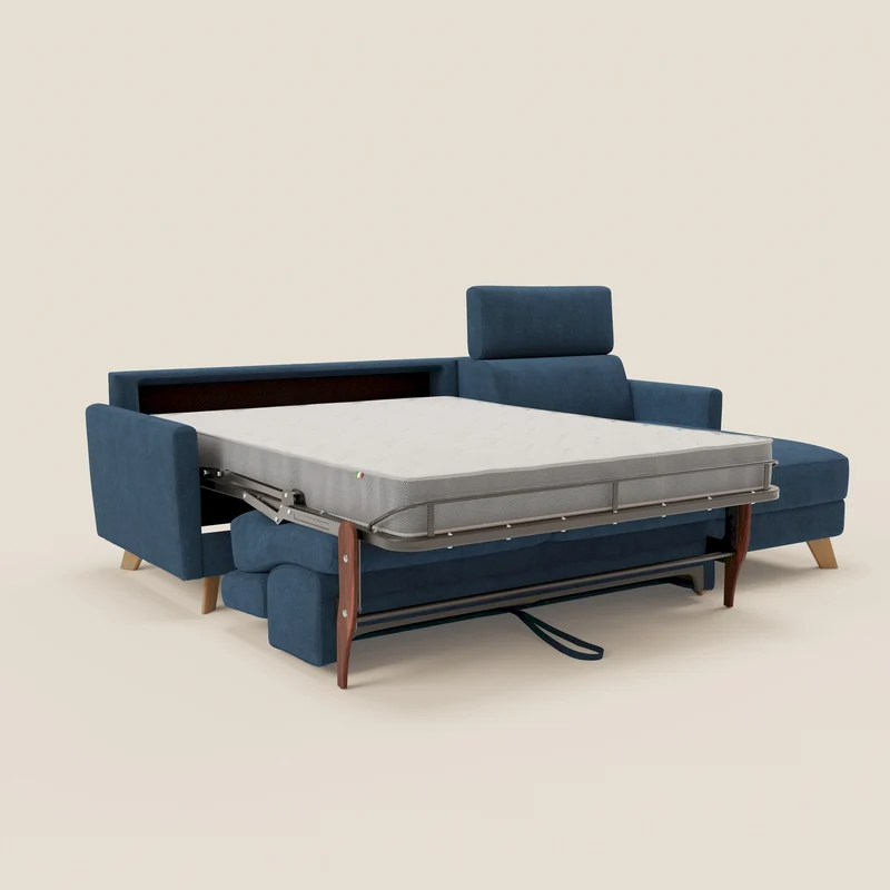 Francy canapé d'angle convertible déhoussable - méridienne avec coffre et têtières inclinables en tissu détachable T17 bleu