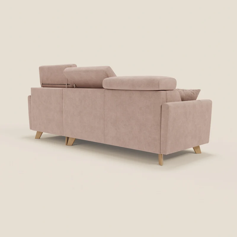 Francy canapé d'angle convertible déhoussable - méridienne avec coffre et têtières inclinables en tissu détachable T17 rose