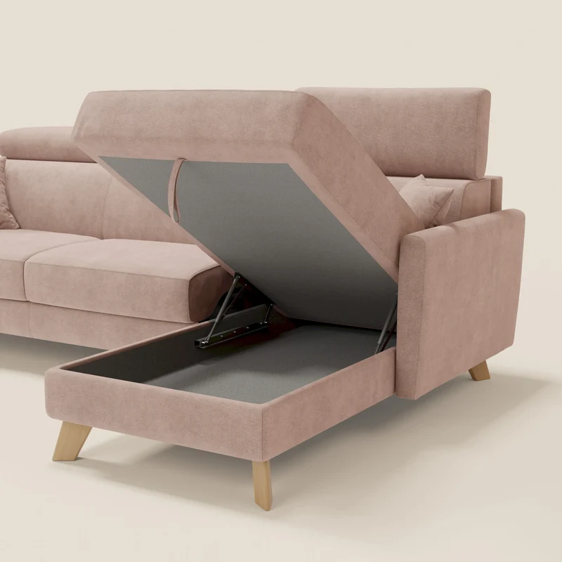 Francy canapé d'angle convertible déhoussable - méridienne avec coffre et têtières inclinables en tissu détachable T17 rose