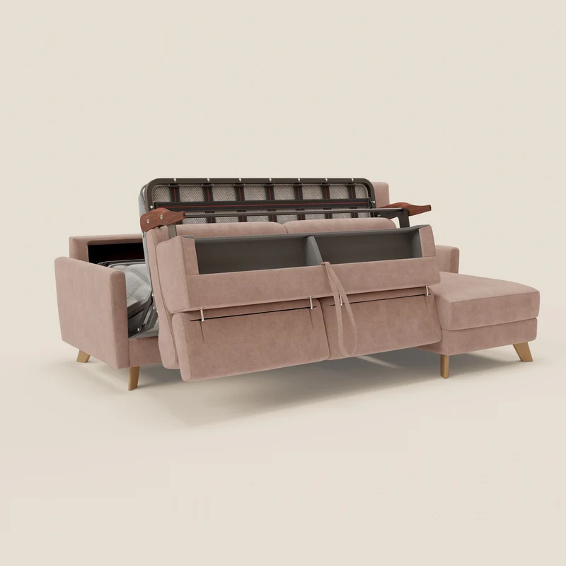 Francy canapé d'angle convertible déhoussable - méridienne avec coffre et têtières inclinables en tissu détachable T17 rose
