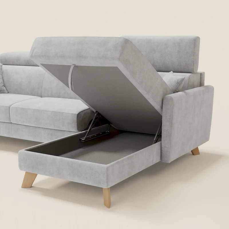 Francy canapé d'angle convertible déhoussable - méridienne avec coffre et têtières inclinables en tissu détachable T17 gris
