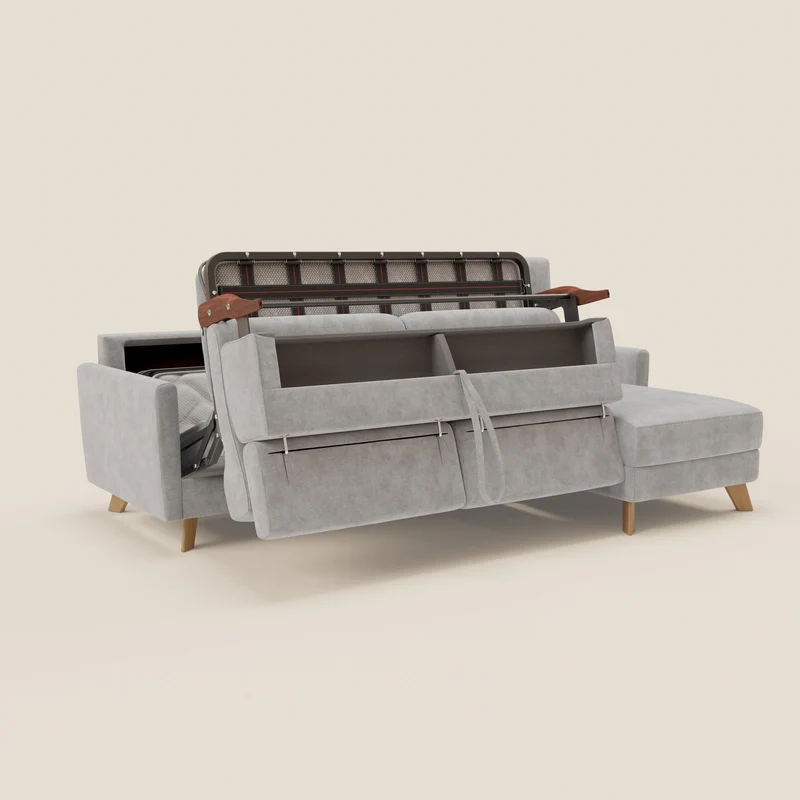 Francy canapé d'angle convertible déhoussable - méridienne avec coffre et têtières inclinables en tissu détachable T17 gris