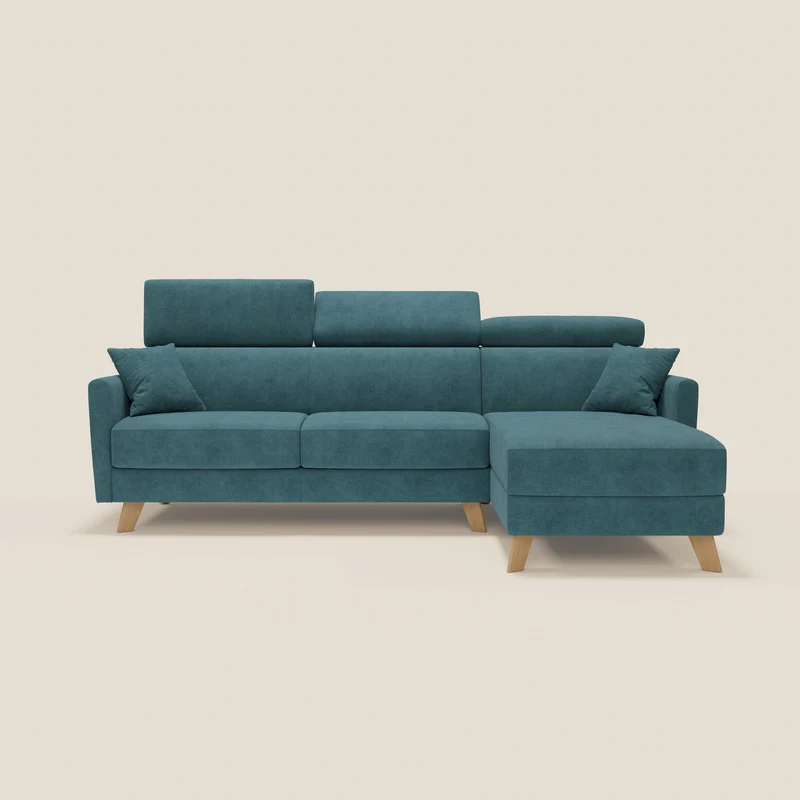 Francy canapé d'angle convertible déhoussable - méridienne avec coffre et têtières inclinables en tissu détachable T17 bleu canard
