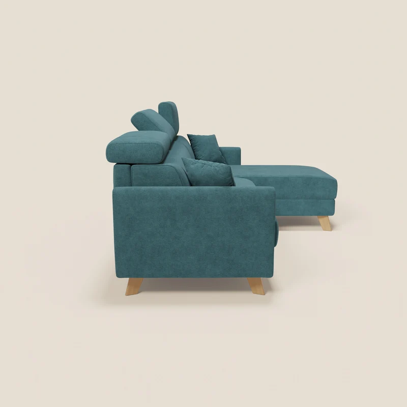 Francy canapé d'angle convertible déhoussable - méridienne avec coffre et têtières inclinables en tissu détachable T17 bleu canard