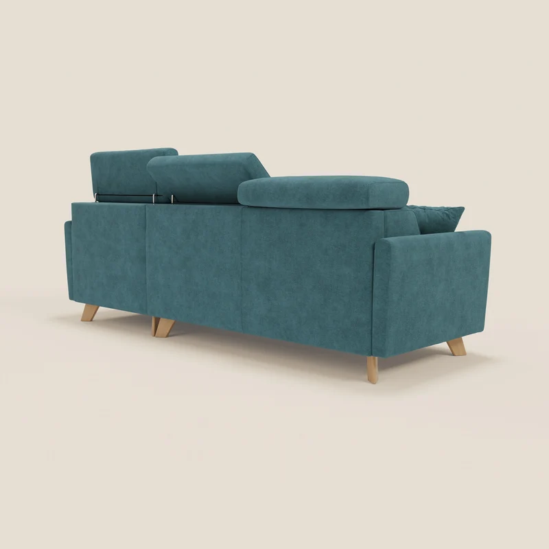 Francy canapé d'angle convertible déhoussable - méridienne avec coffre et têtières inclinables en tissu détachable T17 bleu canard