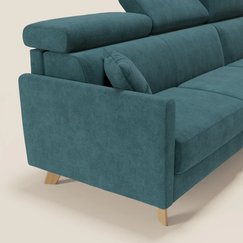 Francy canapé d'angle convertible déhoussable - méridienne avec coffre et têtières inclinables en tissu détachable T17 bleu canard