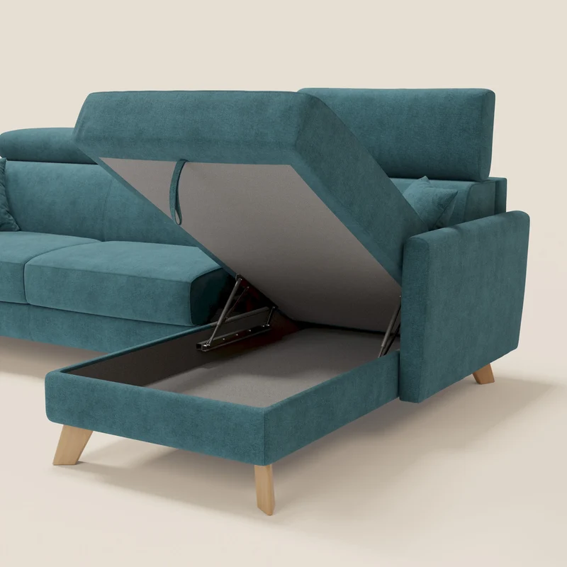 Francy canapé d'angle convertible déhoussable - méridienne avec coffre et têtières inclinables en tissu détachable T17 bleu canard
