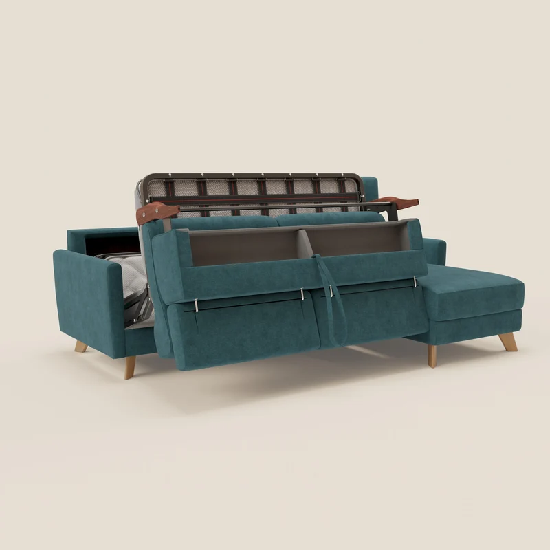 Francy canapé d'angle convertible déhoussable - méridienne avec coffre et têtières inclinables en tissu détachable T17 bleu canard
