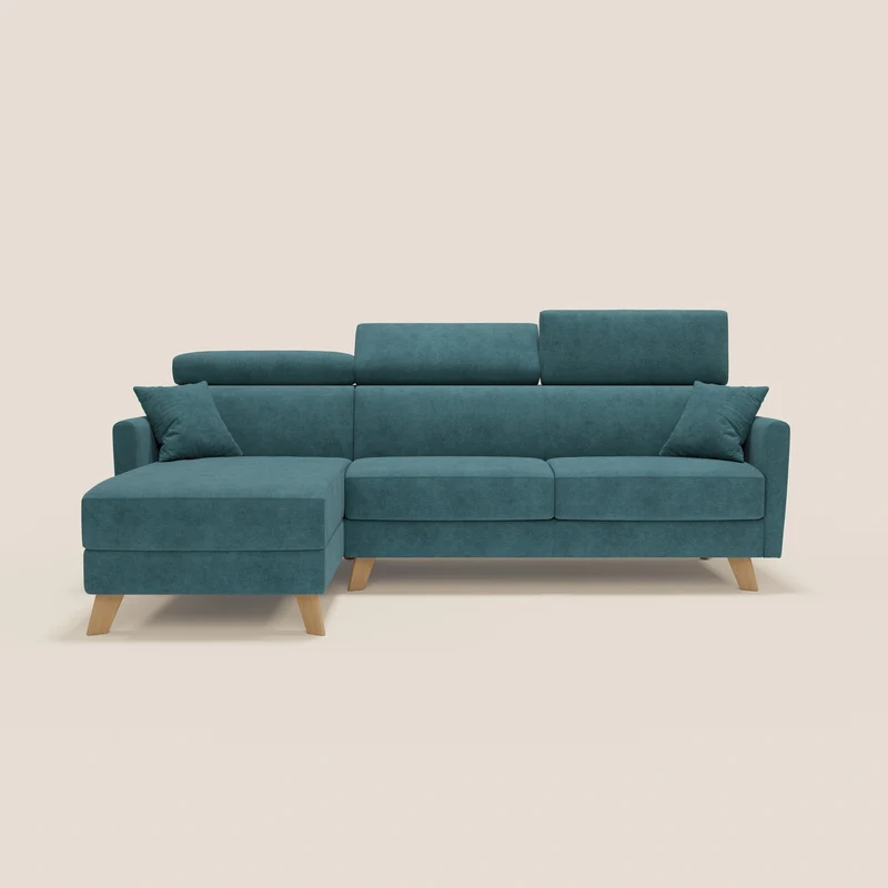 Francy canapé d'angle convertible déhoussable - méridienne avec coffre et têtières inclinables en tissu détachable T17 bleu canard