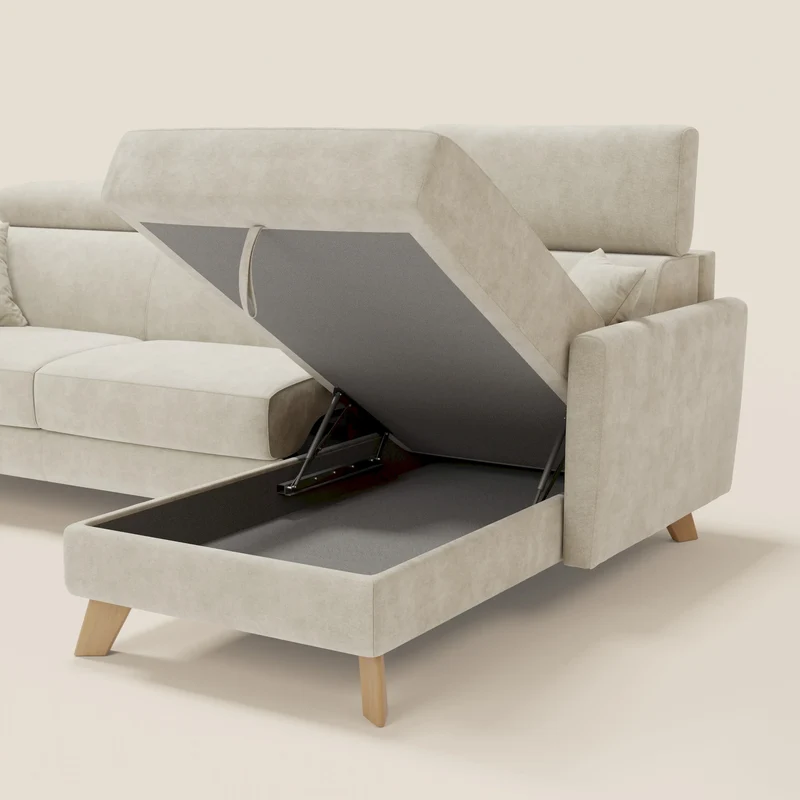 Francy canapé d'angle convertible déhoussable - méridienne avec coffre et têtières inclinables en tissu détachable T17 crème