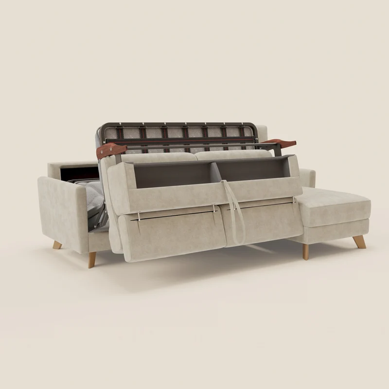 Francy canapé d'angle convertible déhoussable - méridienne avec coffre et têtières inclinables en tissu détachable T17 crème