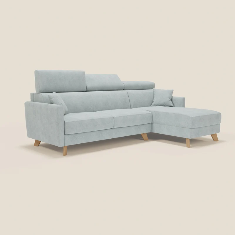 Francy canapé d'angle convertible déhoussable - méridienne avec coffre et têtières inclinables en tissu détachable T17 vert aquamarine