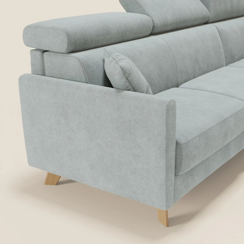Francy canapé d'angle convertible déhoussable - méridienne avec coffre et têtières inclinables en tissu détachable T17 vert aquamarine