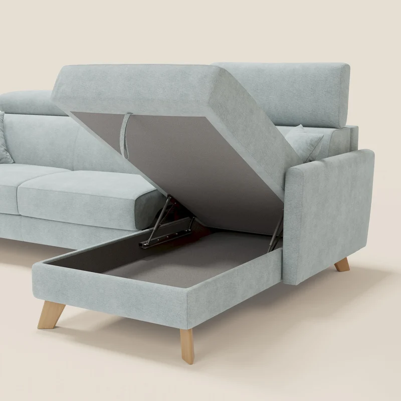 Francy canapé d'angle convertible déhoussable - méridienne avec coffre et têtières inclinables en tissu détachable T17 vert aquamarine