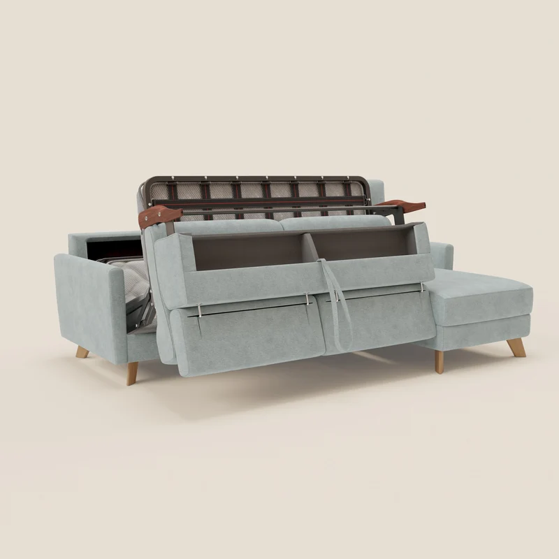 Francy canapé d'angle convertible déhoussable - méridienne avec coffre et têtières inclinables en tissu détachable T17 vert aquamarine