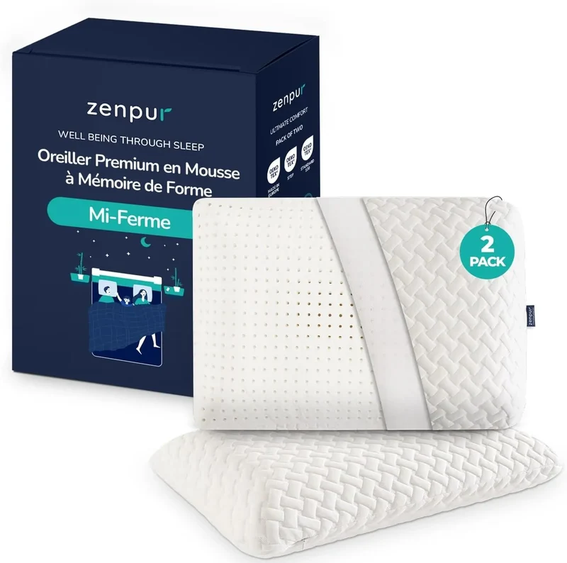ZenPur - Oreiller Cervical Ergonomique "Mi-Ferme" en Mousse à Mémoire de Forme et Anti-Acariens