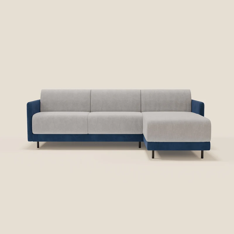 Narciso canapé d'angle convertible avec matelas H18 cm et chaise longue coffre en tissu bicouleur T11 et T06 bleu - gris clair