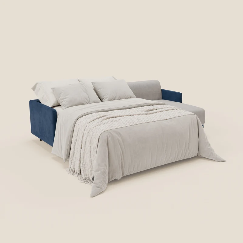 Narciso canapé d'angle convertible avec matelas H18 cm et chaise longue coffre en tissu bicouleur T11 et T06 bleu - gris clair