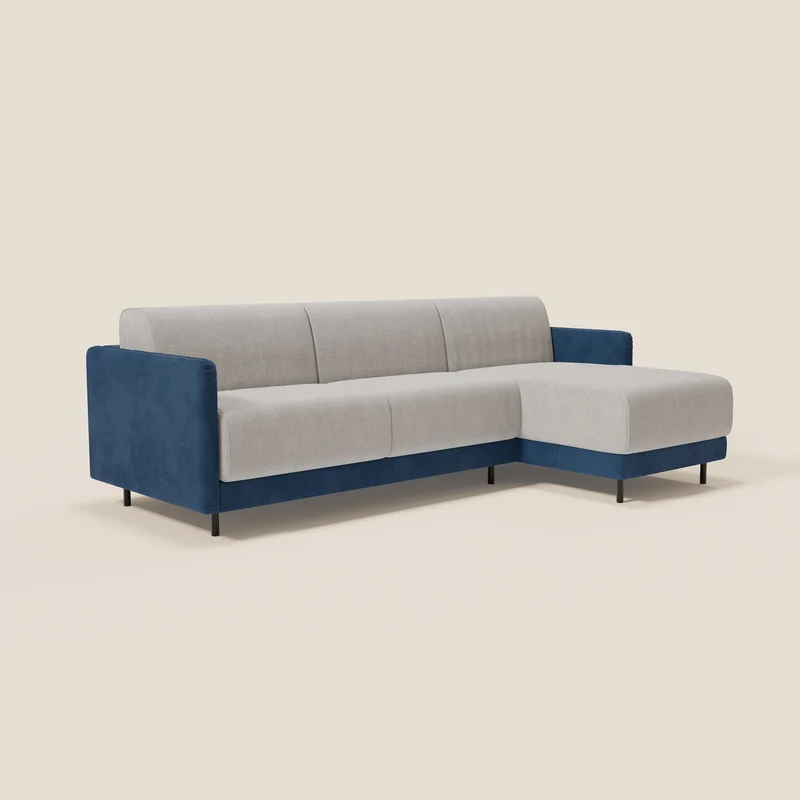Narciso canapé d'angle convertible avec matelas H18 cm et chaise longue coffre en tissu bicouleur T11 et T06 bleu - gris clair