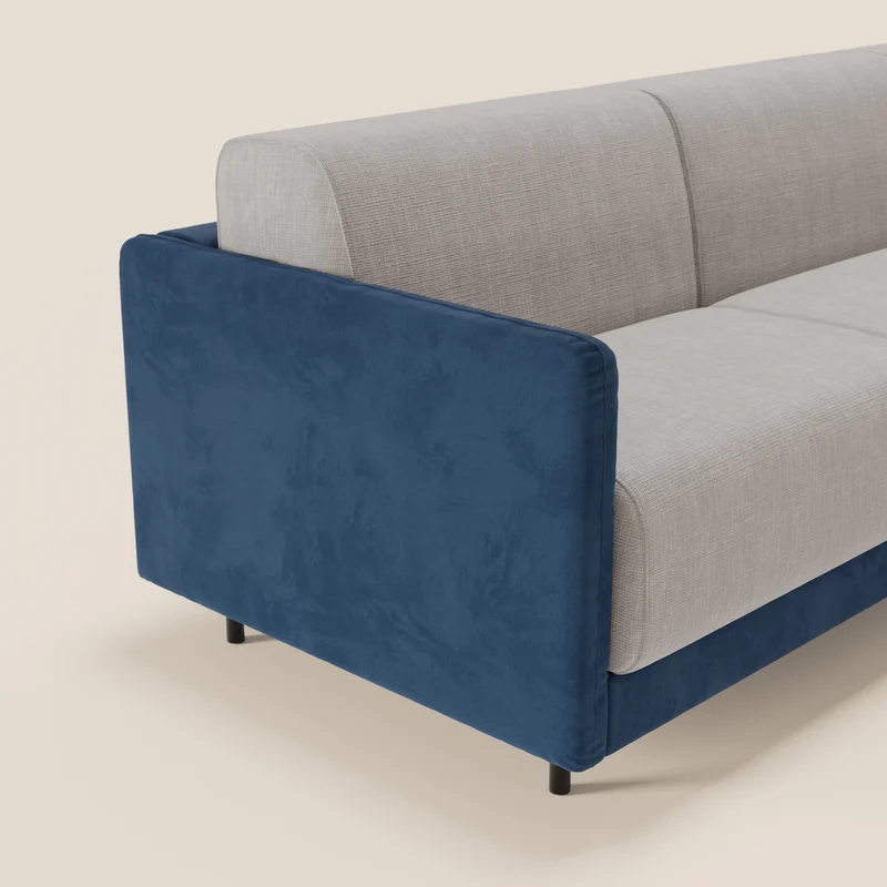 Narciso canapé d'angle convertible avec matelas H18 cm et chaise longue coffre en tissu bicouleur T11 et T06 bleu - gris clair