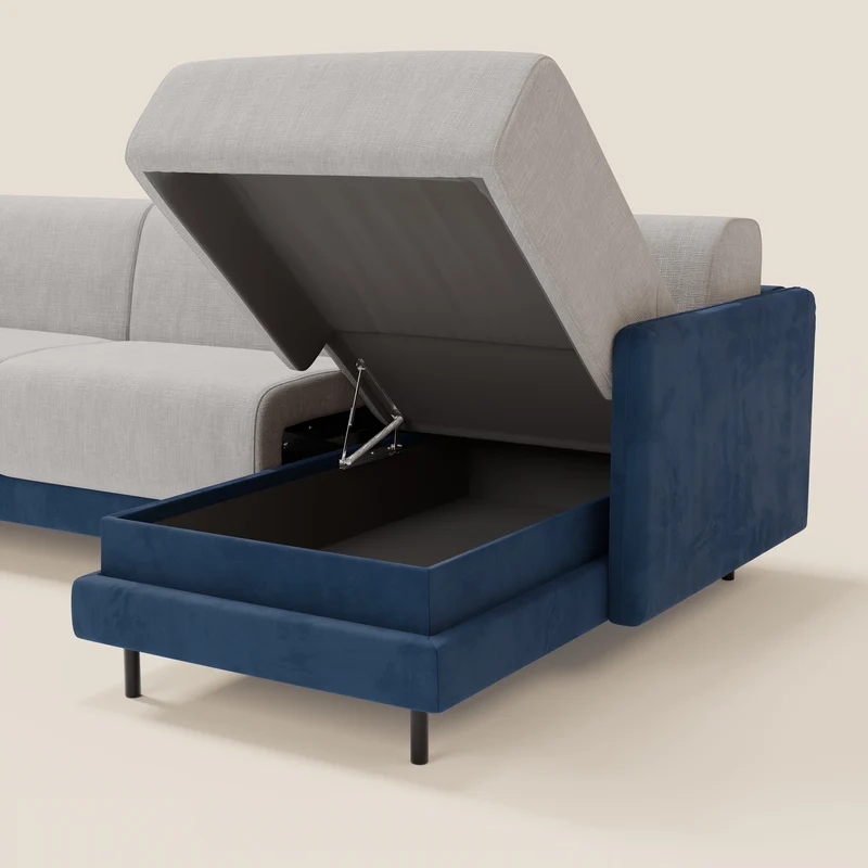 Narciso canapé d'angle convertible avec matelas H18 cm et chaise longue coffre en tissu bicouleur T11 et T06 bleu - gris clair