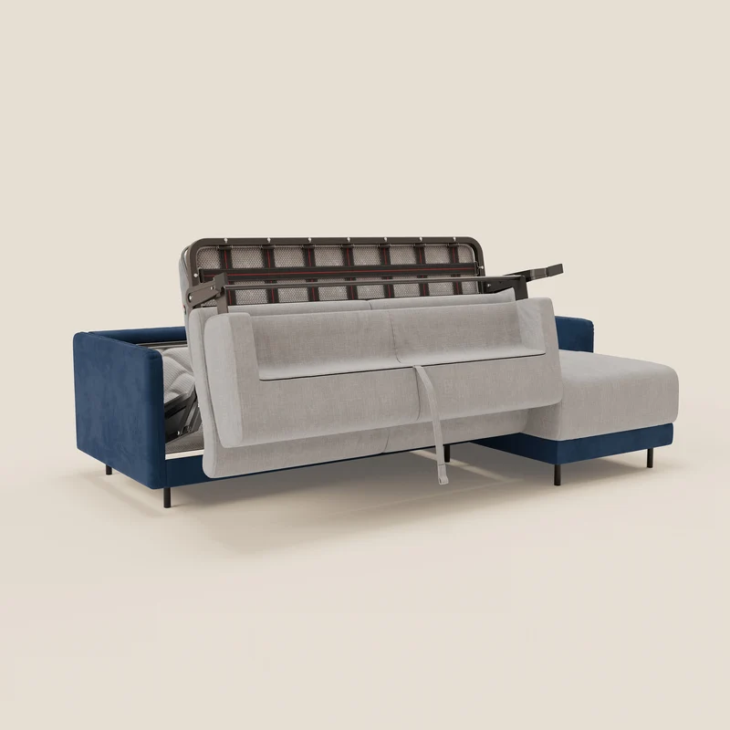 Narciso canapé d'angle convertible avec matelas H18 cm et chaise longue coffre en tissu bicouleur T11 et T06 bleu - gris clair