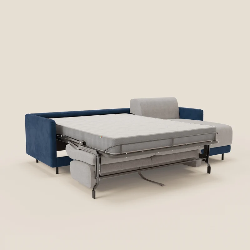 Narciso canapé d'angle convertible avec matelas H18 cm et chaise longue coffre en tissu bicouleur T11 et T06 bleu - gris clair