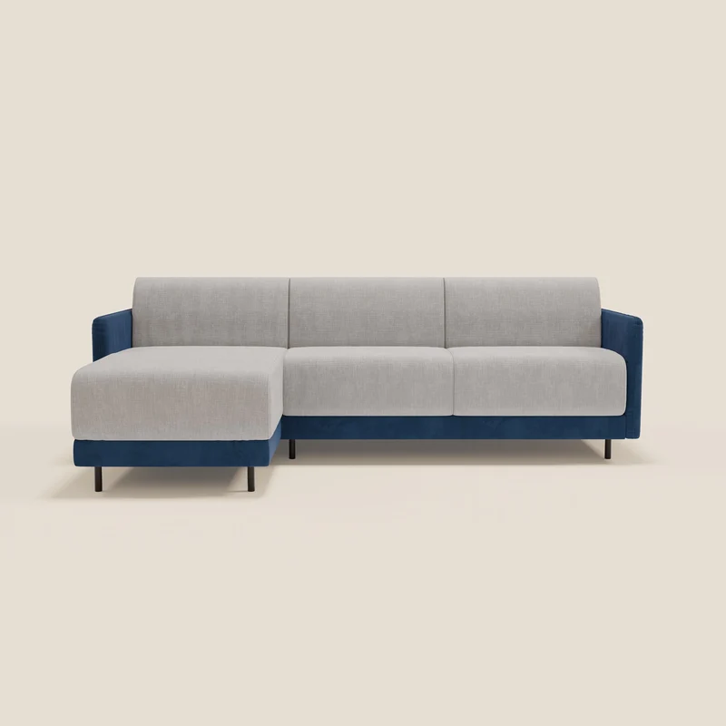 Narciso canapé d'angle convertible avec matelas H18 cm et chaise longue coffre en tissu bicouleur T11 et T06 bleu - gris clair