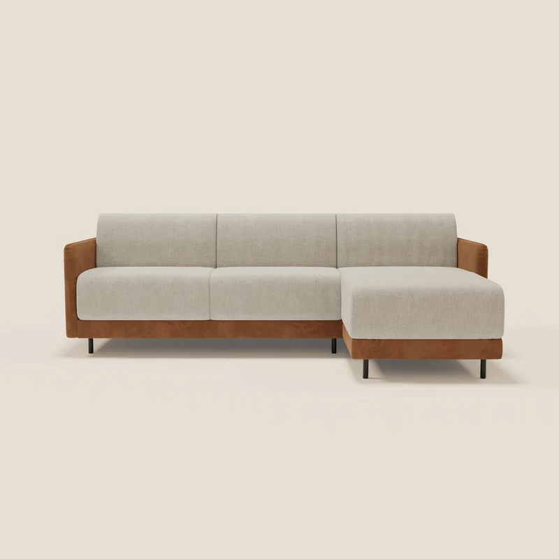 Narciso canapé d'angle convertible avec matelas H18 cm et chaise longue coffre en tissu bicouleur T11 et T06 cuir - crème