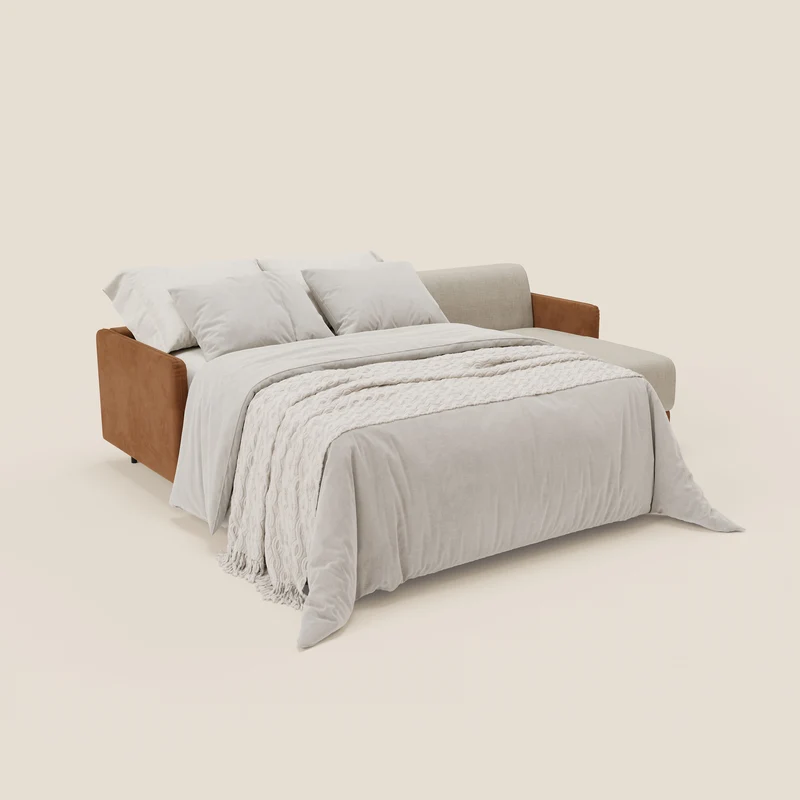 Narciso canapé d'angle convertible avec matelas H18 cm et chaise longue coffre en tissu bicouleur T11 et T06 cuir - crème