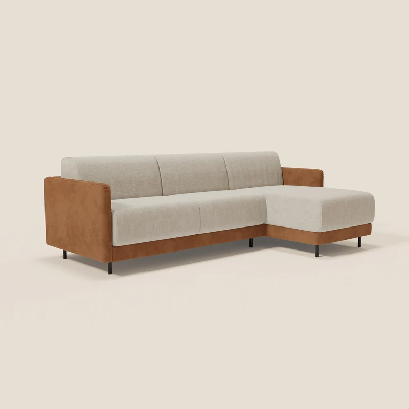 Narciso canapé d'angle convertible avec matelas H18 cm et chaise longue coffre en tissu bicouleur T11 et T06 cuir - crème