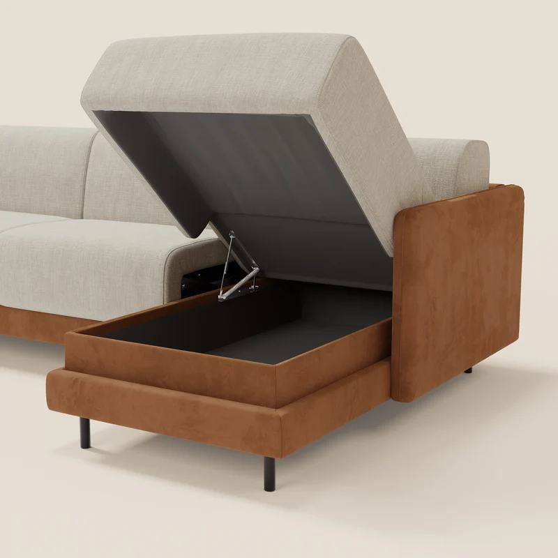 Narciso canapé d'angle convertible avec matelas H18 cm et chaise longue coffre en tissu bicouleur T11 et T06 cuir - crème