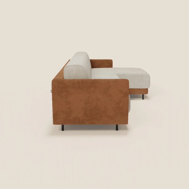 Narciso canapé d'angle convertible avec matelas H18 cm et chaise longue coffre en tissu bicouleur T11 et T06 cuir - crème