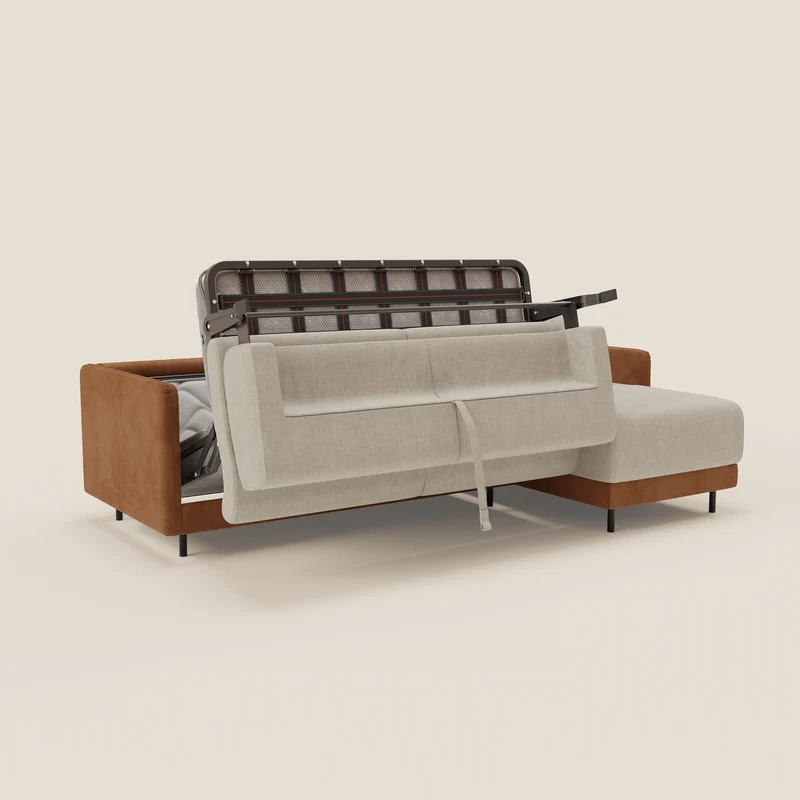 Narciso canapé d'angle convertible avec matelas H18 cm et chaise longue coffre en tissu bicouleur T11 et T06 cuir - crème