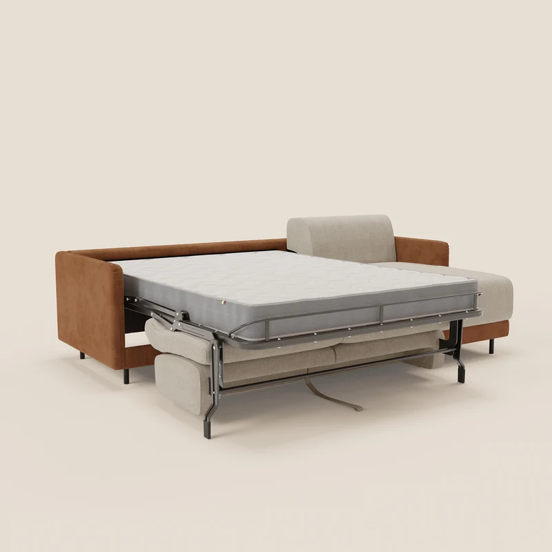 Narciso canapé d'angle convertible avec matelas H18 cm et chaise longue coffre en tissu bicouleur T11 et T06 cuir - crème
