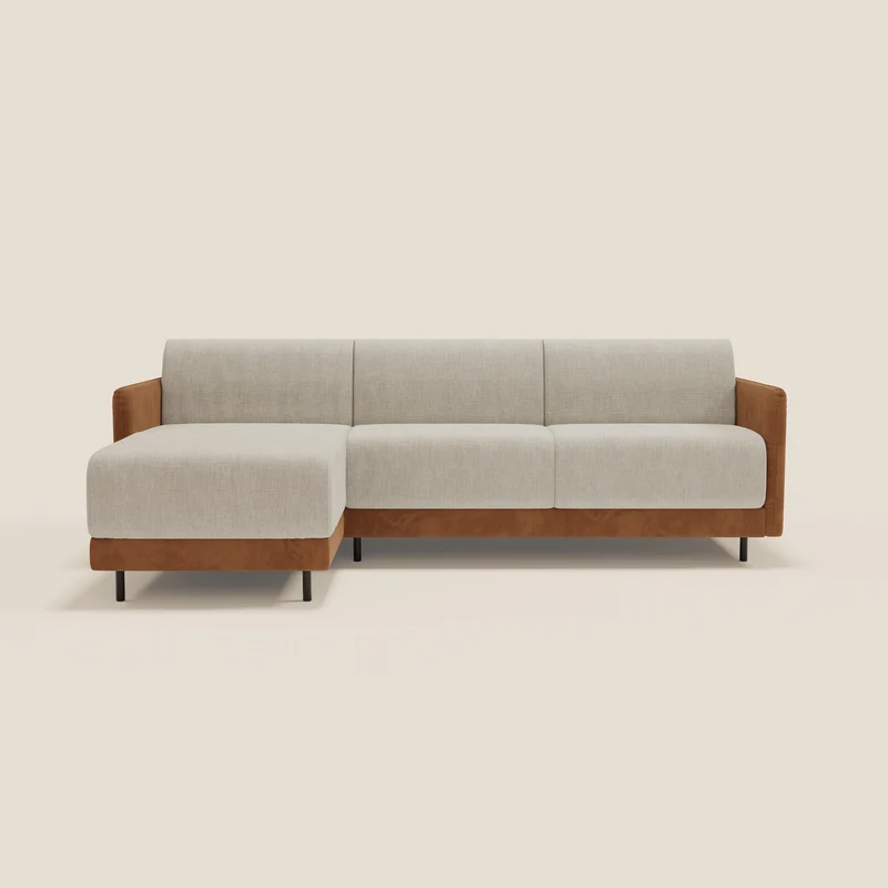 Narciso canapé d'angle convertible avec matelas H18 cm et chaise longue coffre en tissu bicouleur T11 et T06 cuir - crème