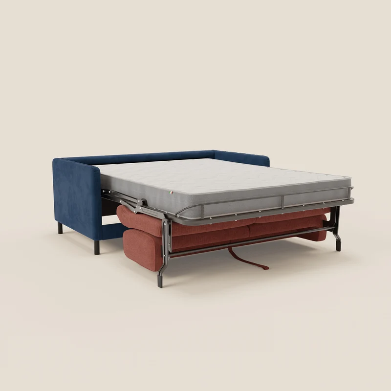 Narciso canapé convertible design avec matelas H18 cm, bicolor, structure en microfibre antitache et revêtement en élégant tissu imperméable T06 bleu - corail